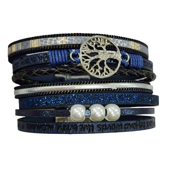 Multilayer Leather Bangle Magnetic‎ Clasp Bracelet for Men or Women 7.5in Blue - Picture 7 of 10